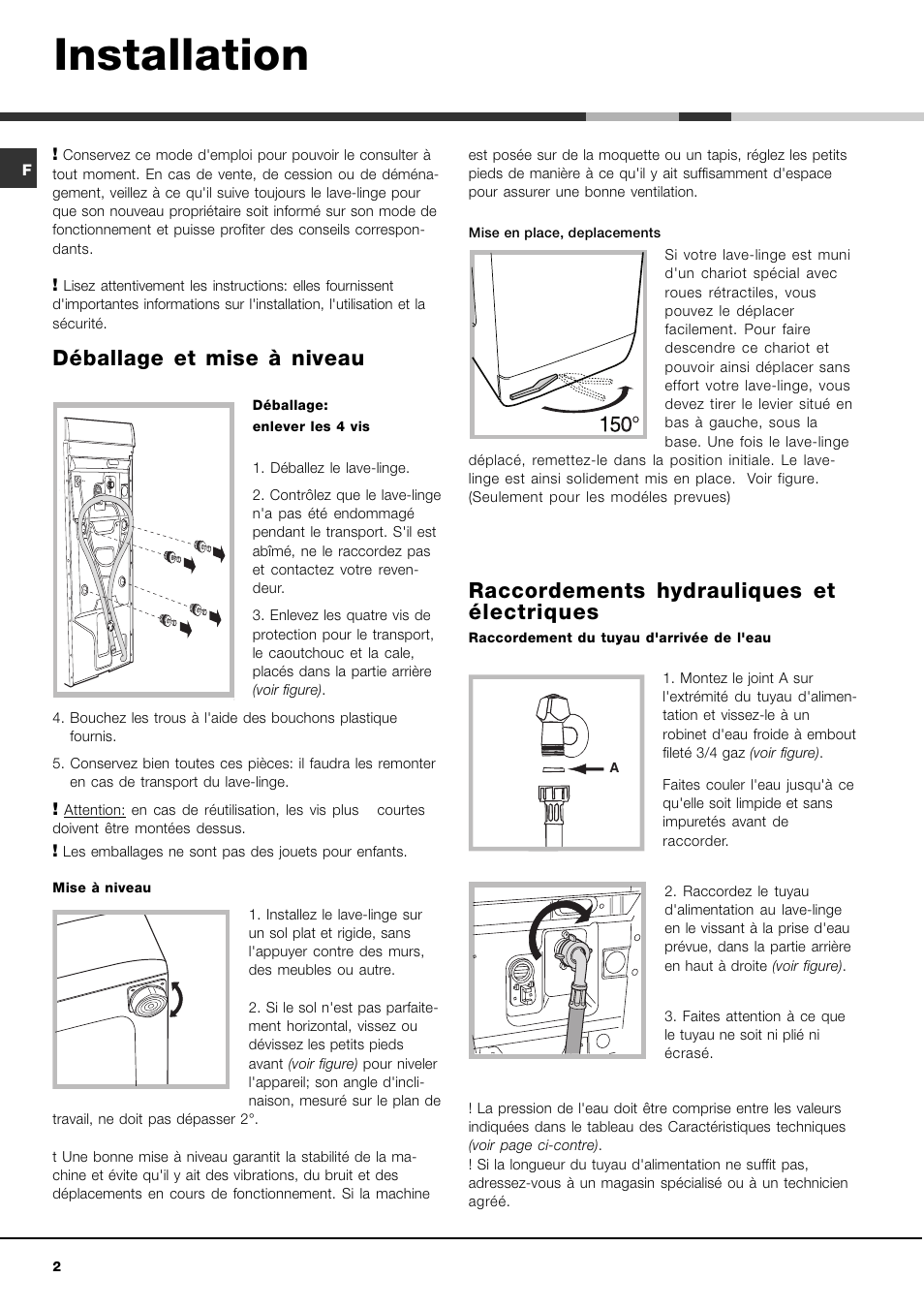 Installation, Déballage et mise à niveau, Raccordements hydrauliques et électriques | Hotpoint Ariston AVTXF 149 User Manual | Page 2 / 72