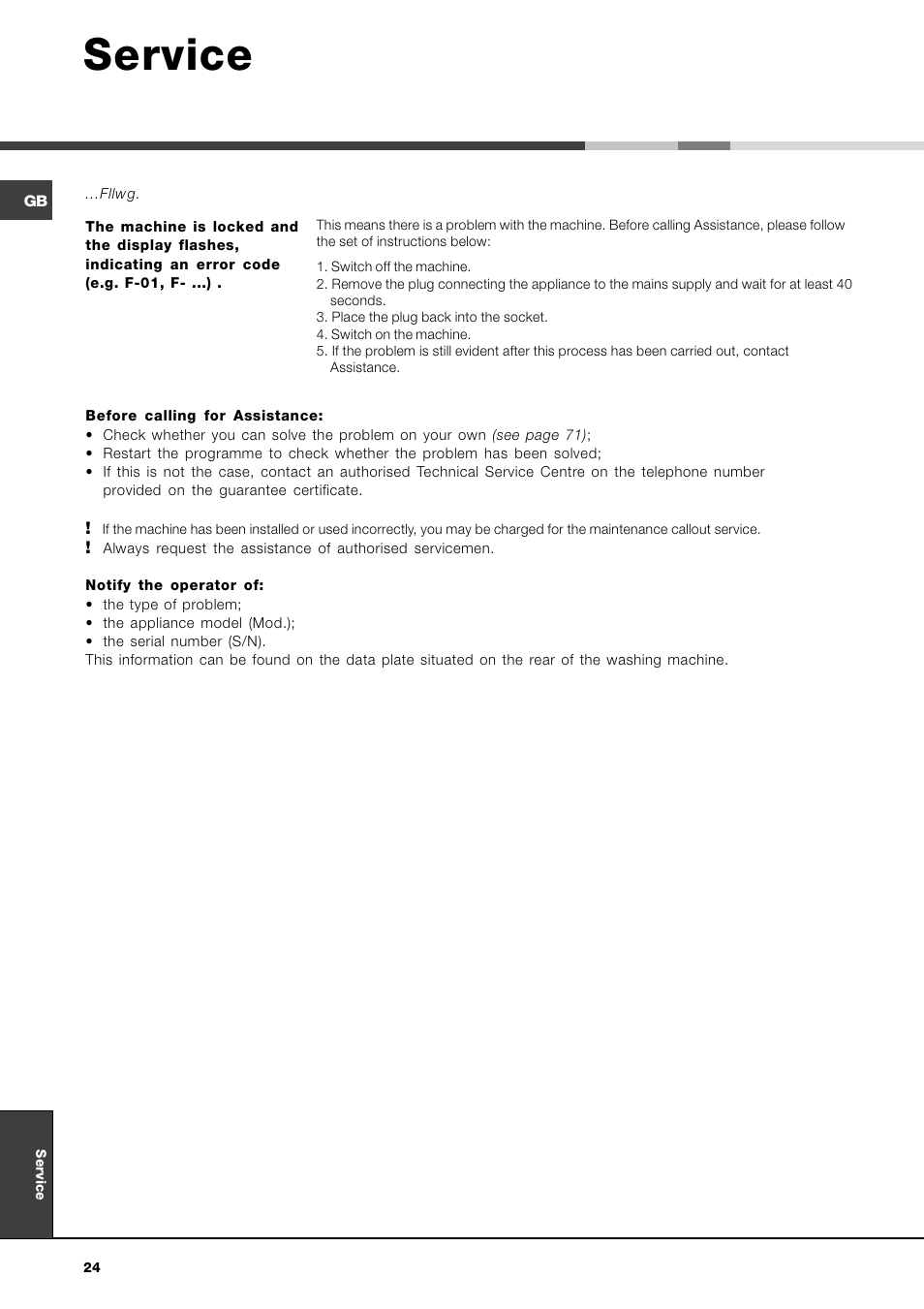 Service | Hotpoint Ariston AVTXF 149 User Manual | Page 24 / 72