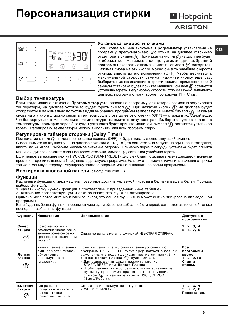 Персонализация стирки, Установка скорости отжима, Выбор температуры | Регулировка таймера отсрочки (delay timer), Блокировка кнопочной панели, Функции | Hotpoint Ariston AVTXF 149 User Manual | Page 31 / 72