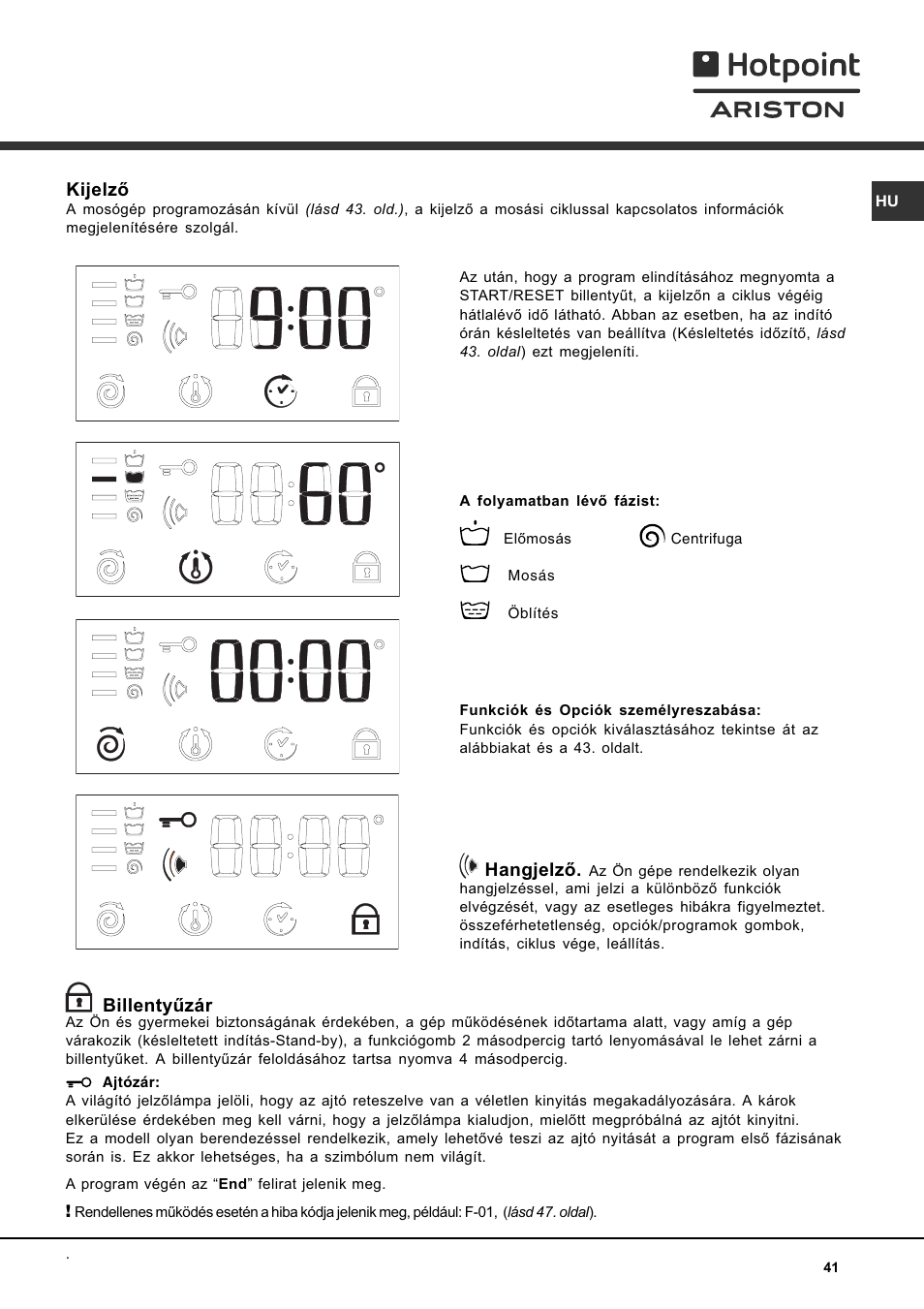 Hangjelzõ, Billentyûzár, Kijelzõ | Hotpoint Ariston AVTXF 149 User Manual | Page 41 / 72