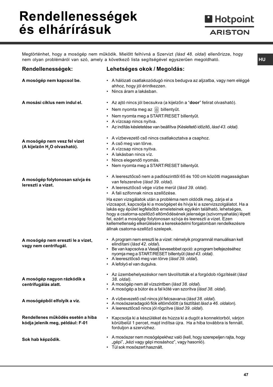 Rendellenességek és elhárírásuk | Hotpoint Ariston AVTXF 149 User Manual | Page 47 / 72