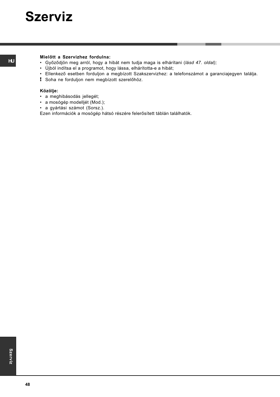 Szerviz | Hotpoint Ariston AVTXF 149 User Manual | Page 48 / 72