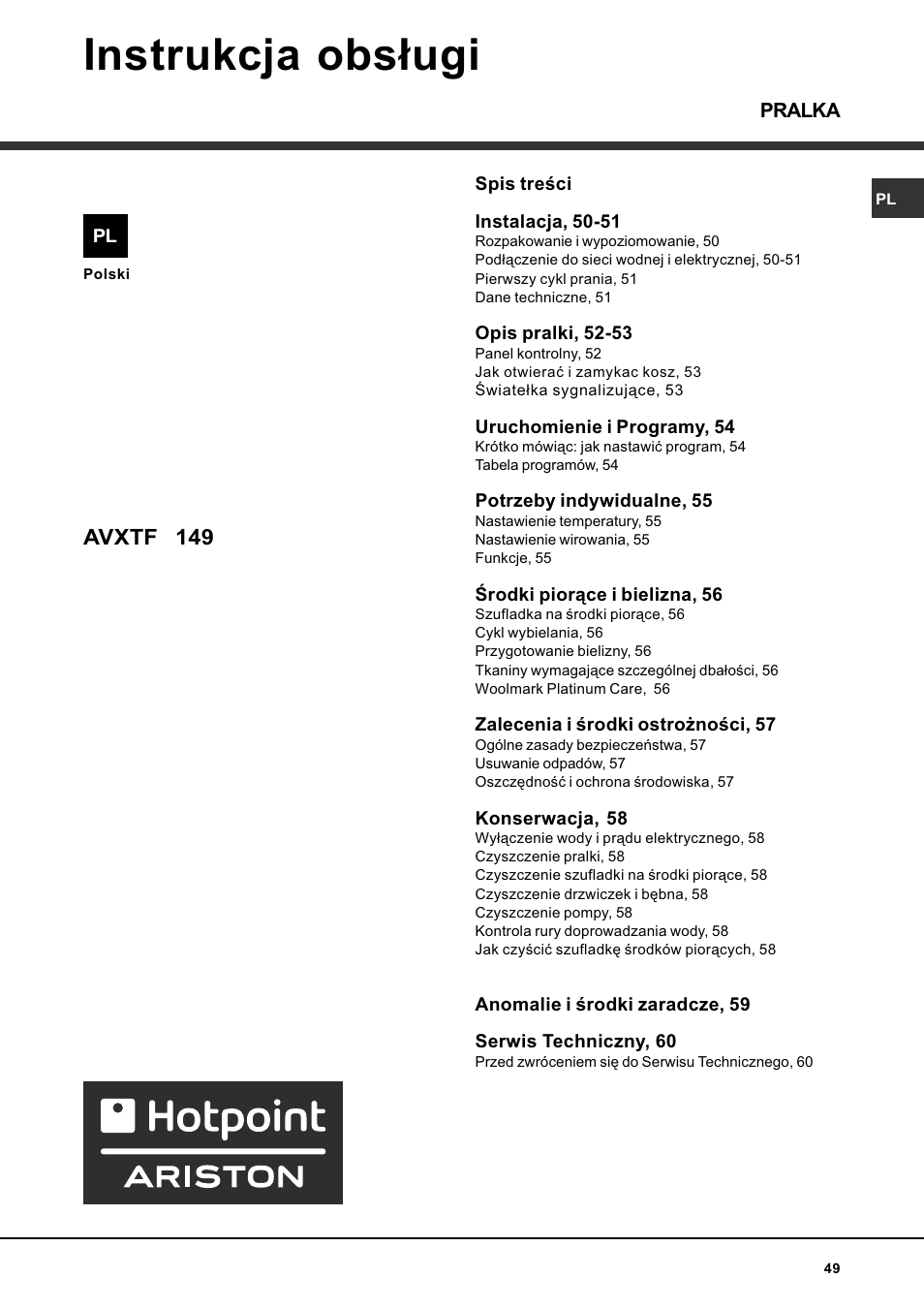 Instrukcja obs³ugi, Avxtf 149 | Hotpoint Ariston AVTXF 149 User Manual | Page 49 / 72