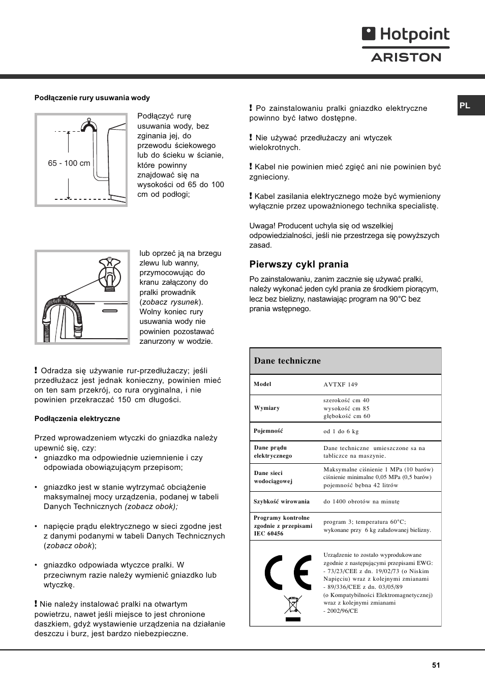 Pierwszy cykl prania | Hotpoint Ariston AVTXF 149 User Manual | Page 51 / 72