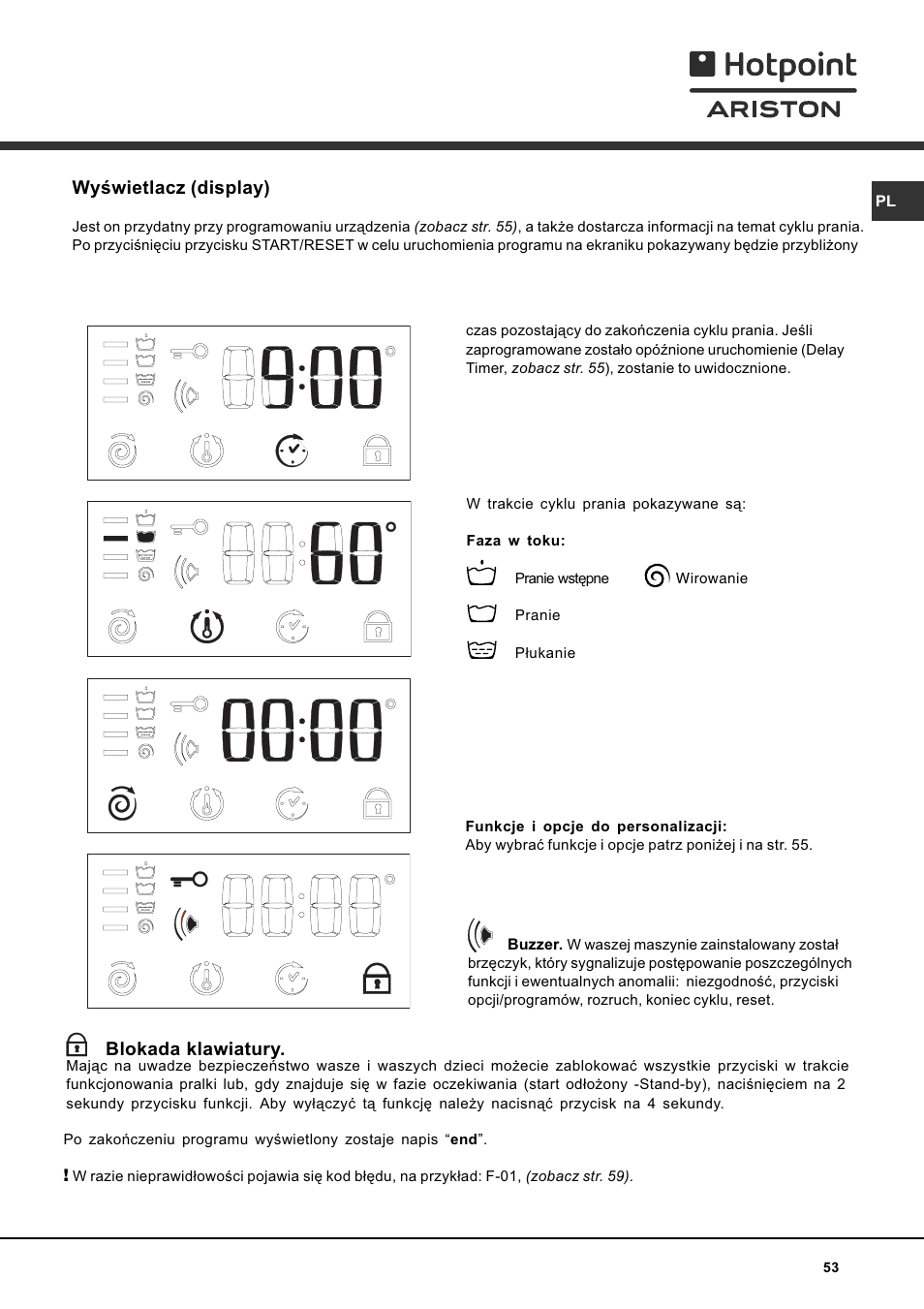 Blokada klawiatury, Wywietlacz (display) | Hotpoint Ariston AVTXF 149 User Manual | Page 53 / 72