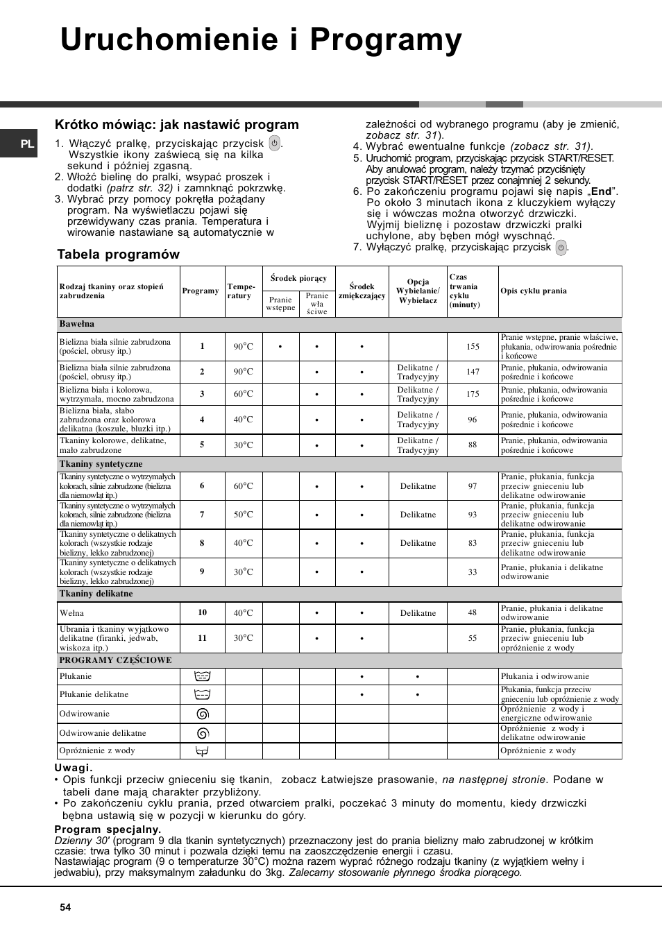 Uruchomienie i programy, Krótko mówi¹c: jak nastawiæ program, Tabela programów | Hotpoint Ariston AVTXF 149 User Manual | Page 54 / 72