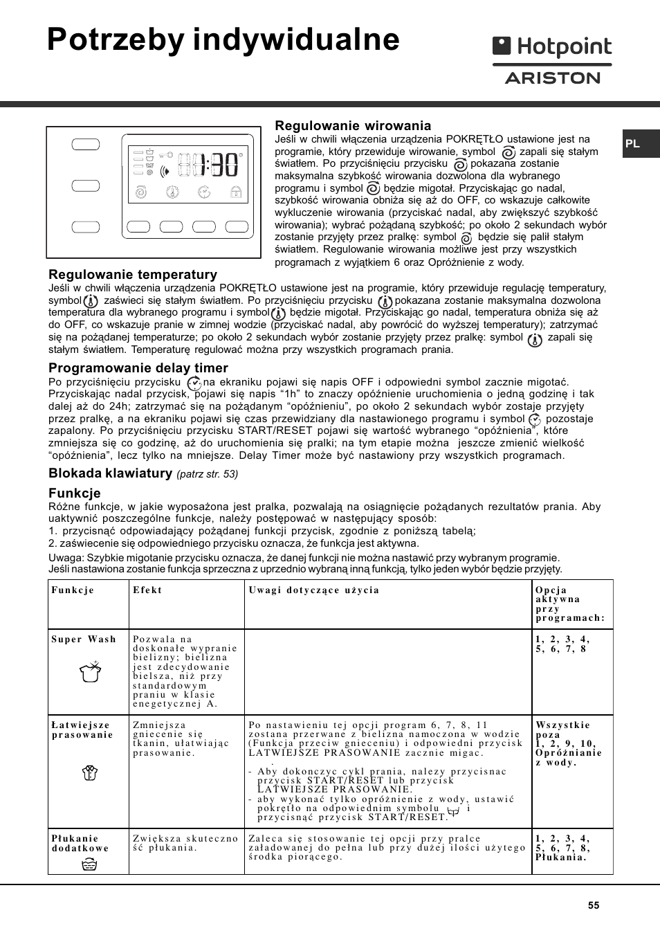 Potrzeby indywidualne, Regulowanie wirowania, Regulowanie temperatury | Programowanie delay timer, Blokada klawiatury, Funkcje | Hotpoint Ariston AVTXF 149 User Manual | Page 55 / 72
