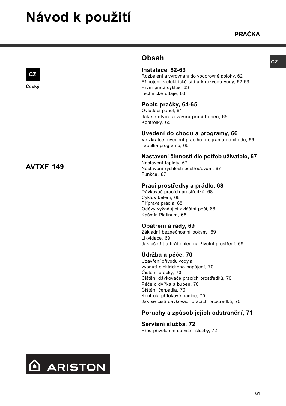 Hotpoint Ariston AVTXF 149 User Manual | Page 61 / 72