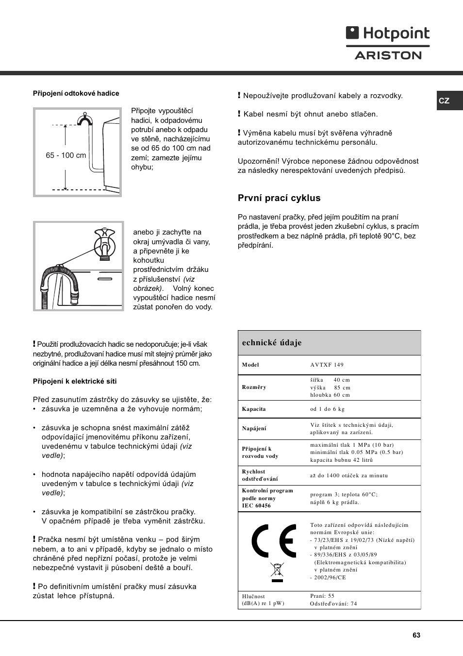 První prací cyklus | Hotpoint Ariston AVTXF 149 User Manual | Page 63 / 72