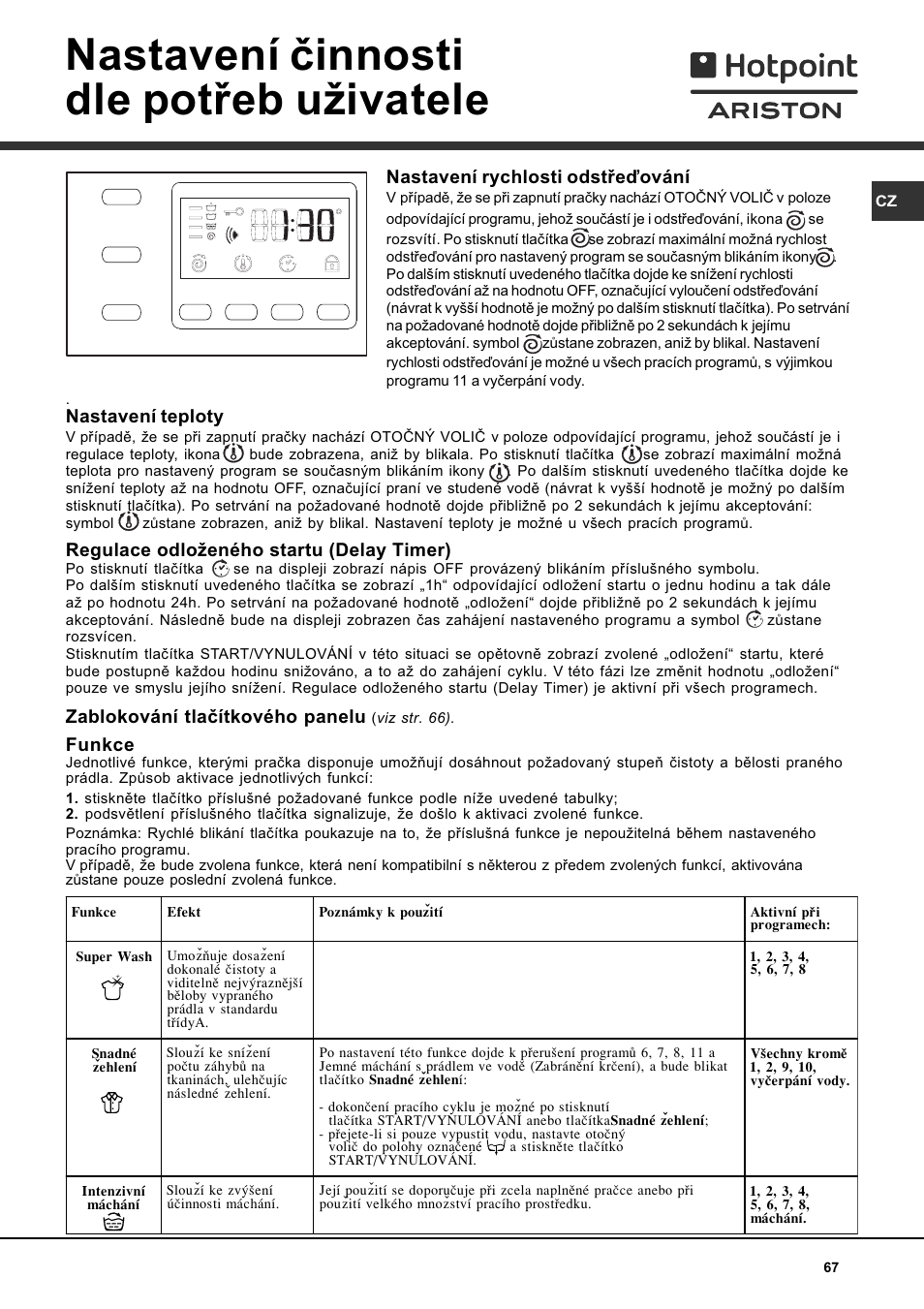 Nastavení èinnosti dle potøeb uivatele, Nastavení rychlosti odstøeïování, Nastavení teploty | Regulace odloeného startu (delay timer), Zablokování tlaèítkového panelu, Funkce | Hotpoint Ariston AVTXF 149 User Manual | Page 67 / 72