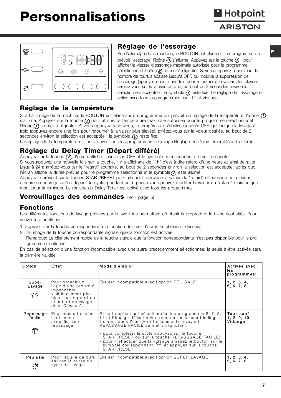Personnalisations, Réglage de l'essorage, Réglage de la température | Réglage du delay timer (départ différé), Verrouillages des commandes, Fonctions | Hotpoint Ariston AVTXF 149 User Manual | Page 7 / 72