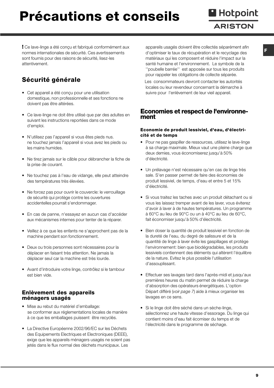 Précautions et conseils, Sécurité générale, Economies et respect de l'environne- ment | Hotpoint Ariston AVTXF 149 User Manual | Page 9 / 72