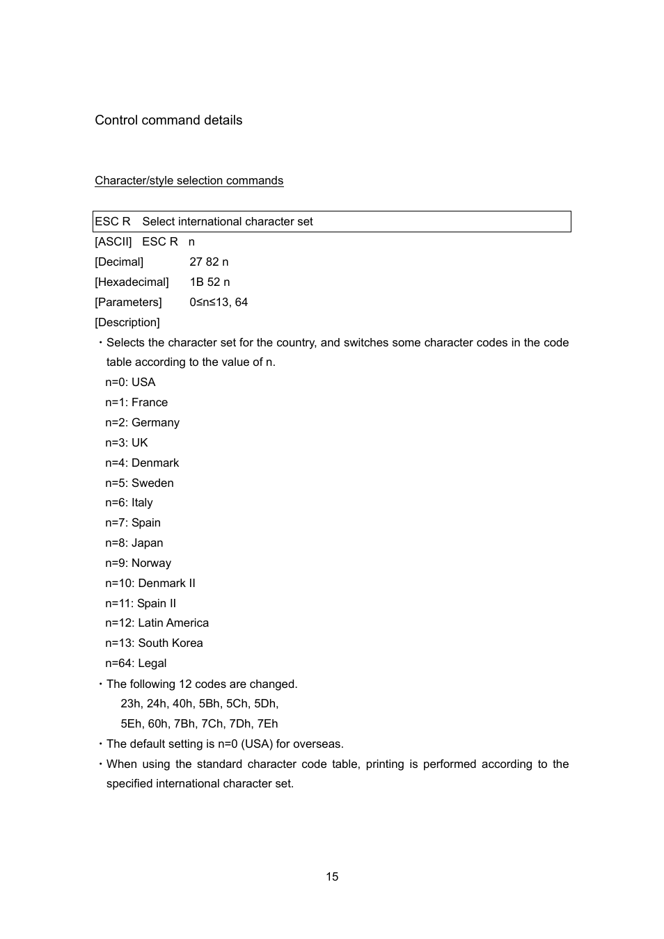 Control command details, Character/style selection commands, Esc r select international character set | Brother PT-9700PC User Manual | Page 15 / 75