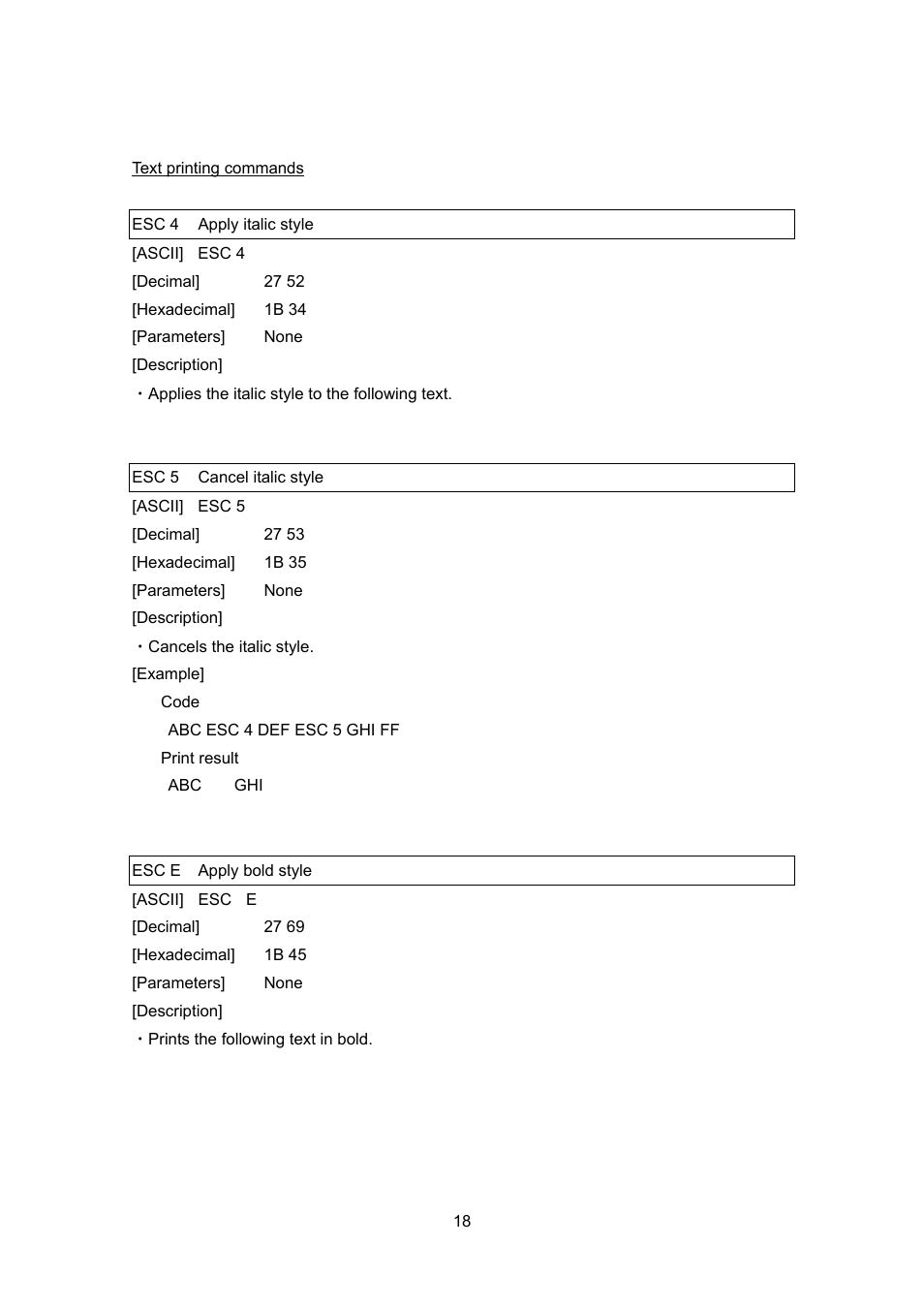 Text printing commands, Esc 4 apply italic style, Esc 5 cancel italic style | Esc e apply bold style | Brother PT-9700PC User Manual | Page 18 / 75