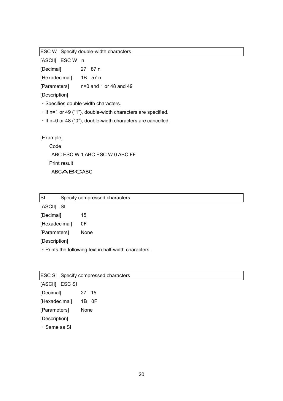 Esc w specify double-width characters, Si specify compressed characters, Esc si specify compressed characters | Si specify, Compressed characters | Brother PT-9700PC User Manual | Page 20 / 75