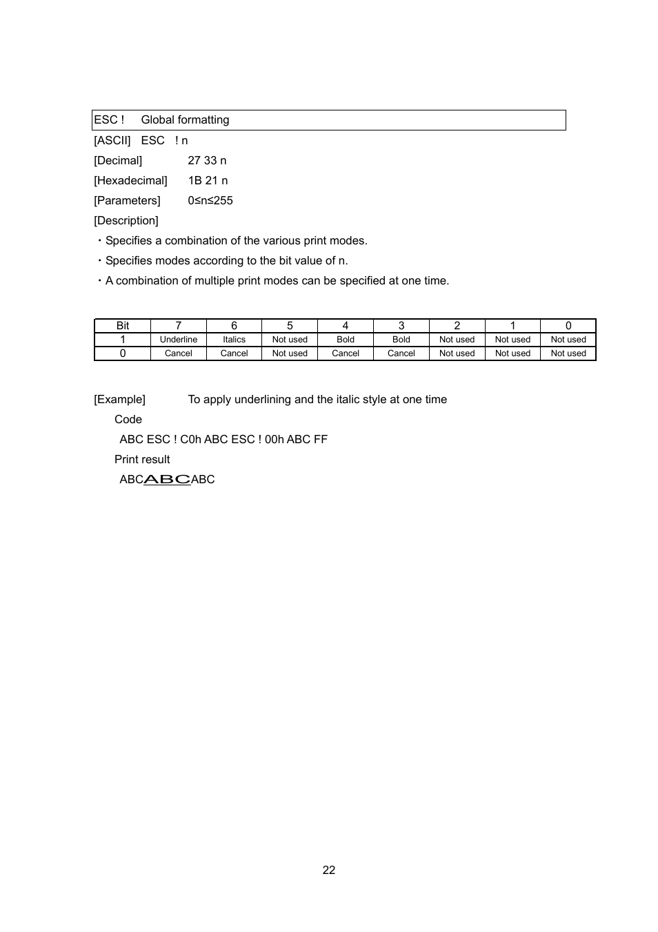 Esc ! global formatting | Brother PT-9700PC User Manual | Page 22 / 75