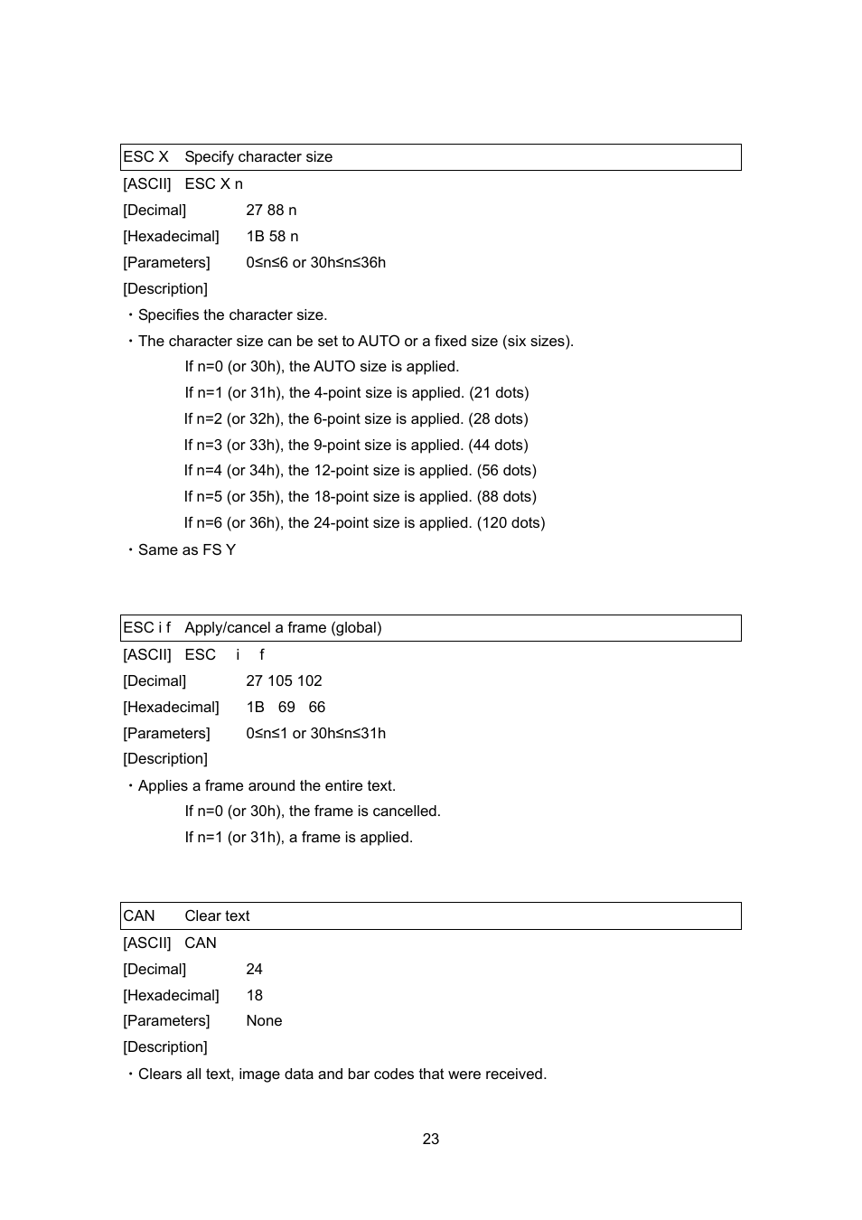 Esc x specify character size, Esc i f apply/cancel a frame (global), Can clear text | Brother PT-9700PC User Manual | Page 23 / 75