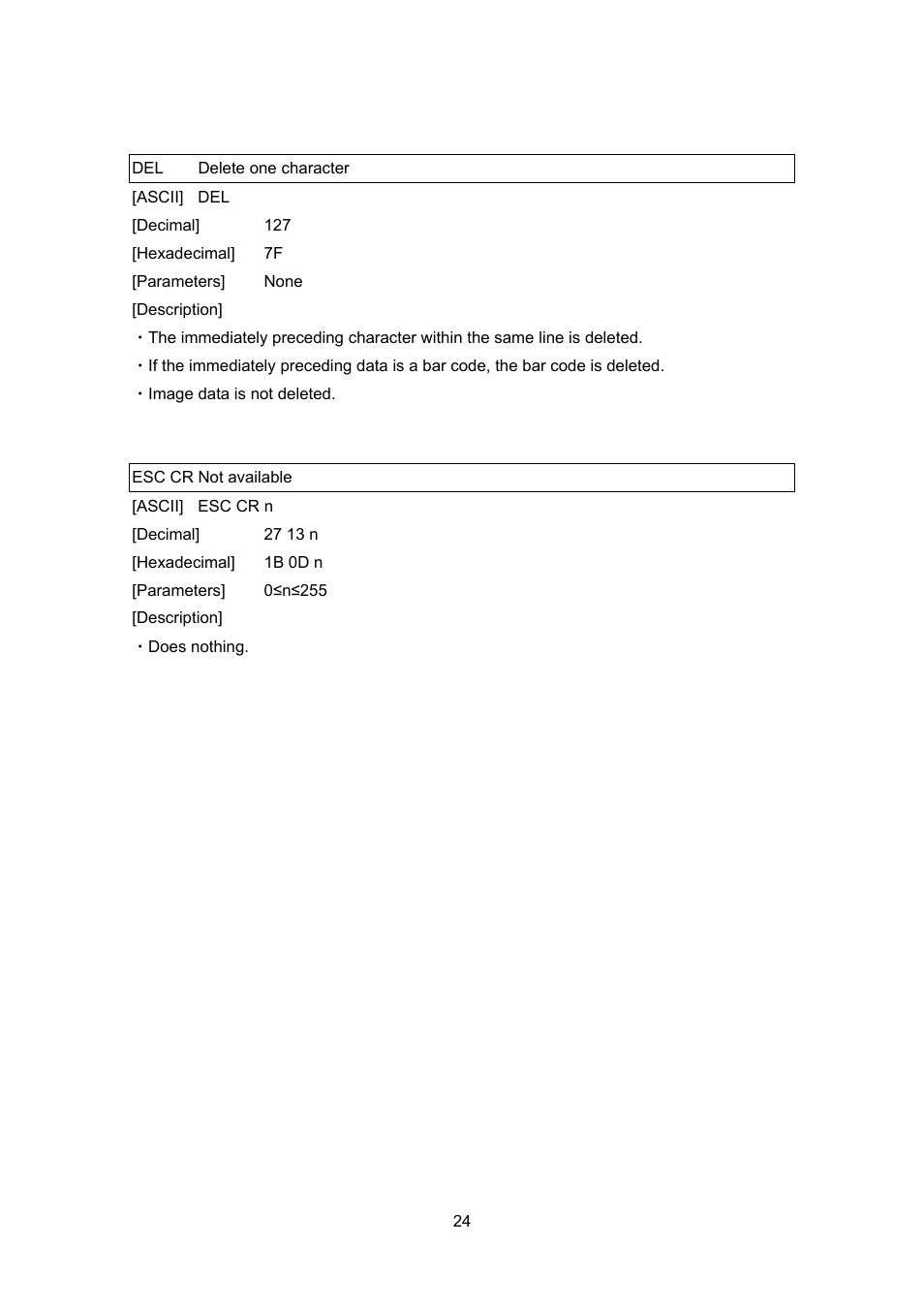 Del delete one character, Esc cr not available, Del delete | Character | Brother PT-9700PC User Manual | Page 24 / 75