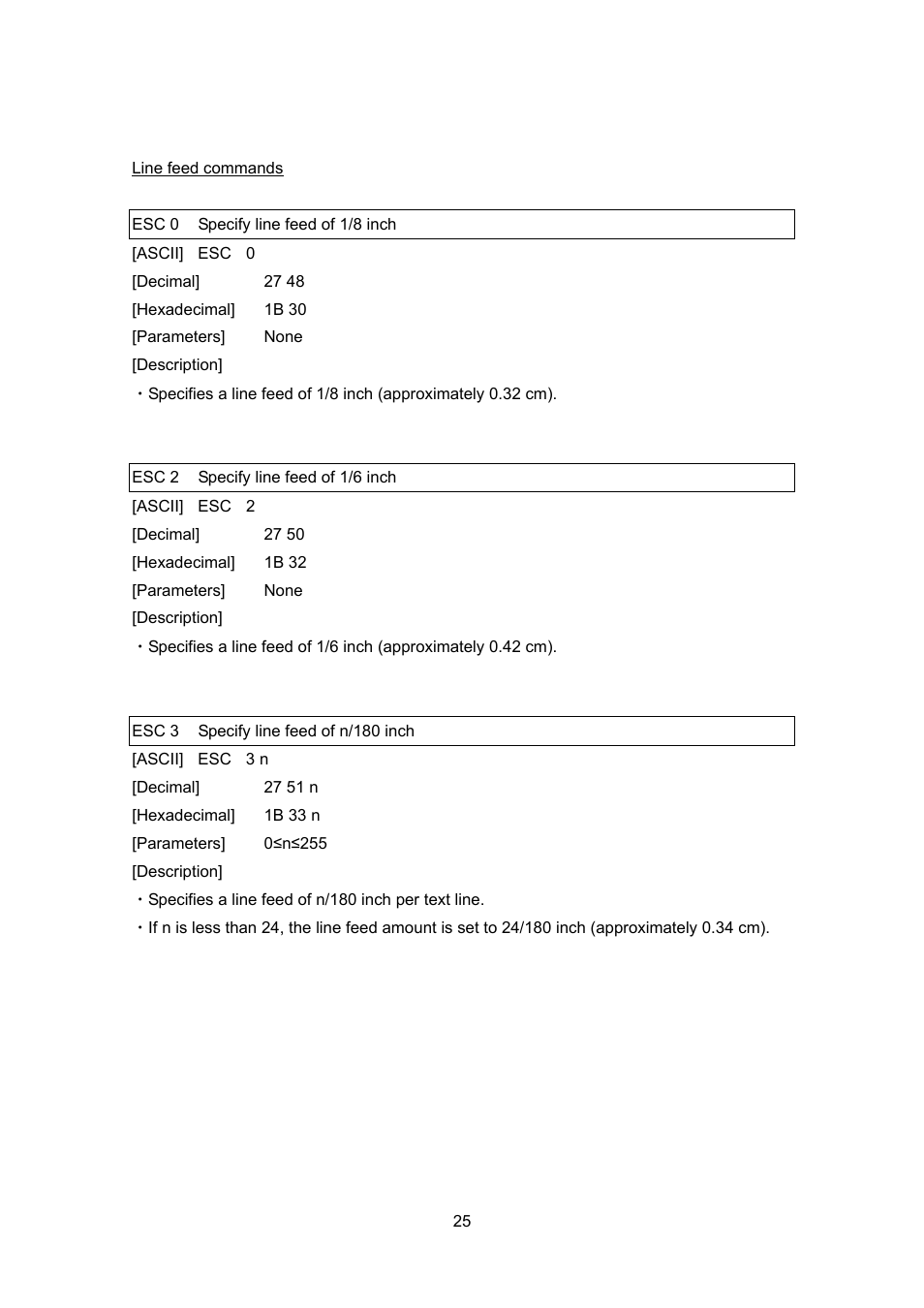 Line feed commands, Esc 0 specify line feed of 1/8 inch, Esc 2 specify line feed of 1/6 inch | Esc 3 specify line feed of n/180 inch | Brother PT-9700PC User Manual | Page 25 / 75