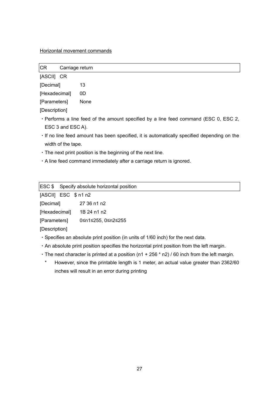 Horizontal movement commands, Cr carriage return, Esc $ specify absolute horizontal position | Brother PT-9700PC User Manual | Page 27 / 75