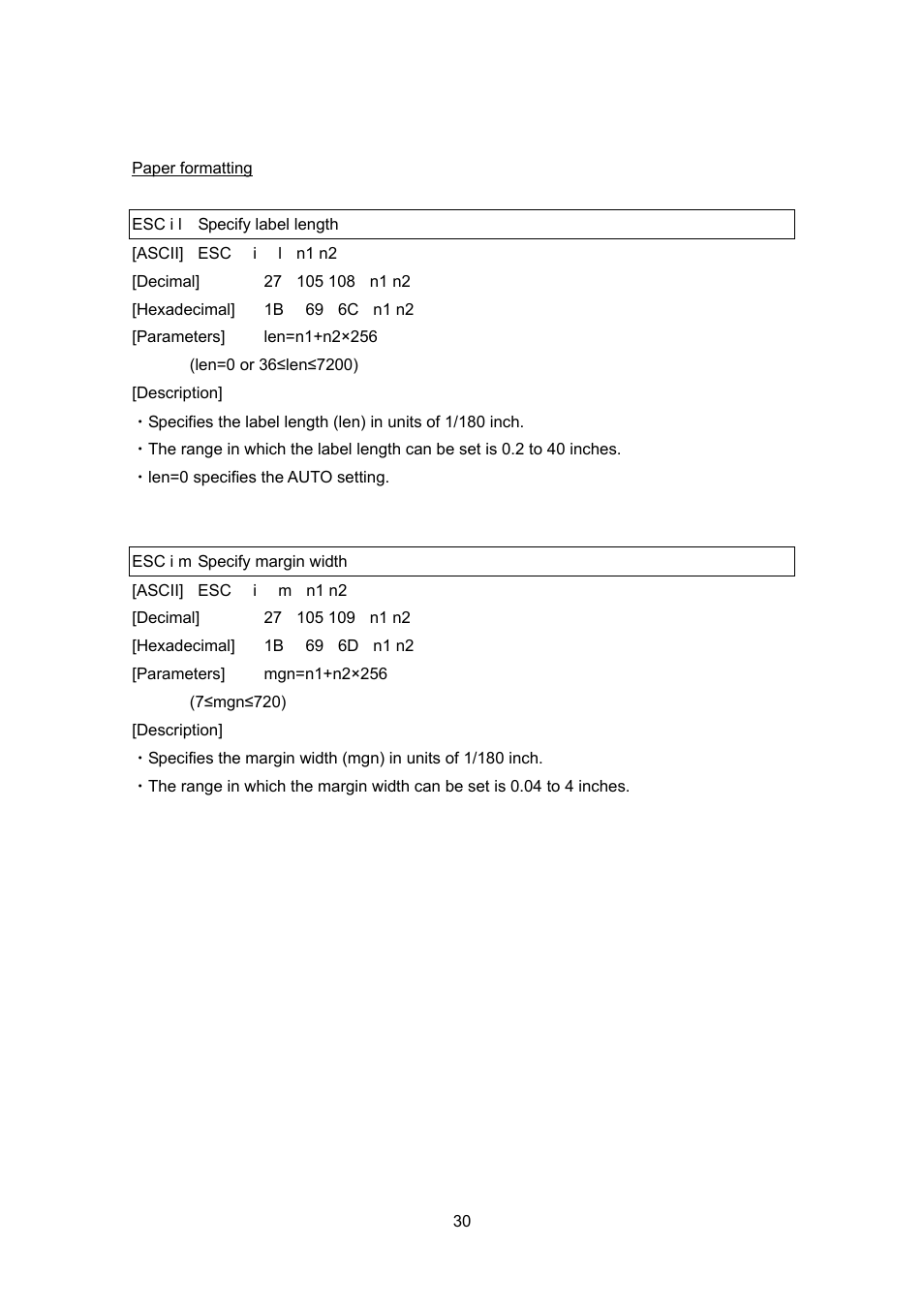 Paper formatting, Esc i l specify label length, Esc i m specify margin width | Brother PT-9700PC User Manual | Page 30 / 75