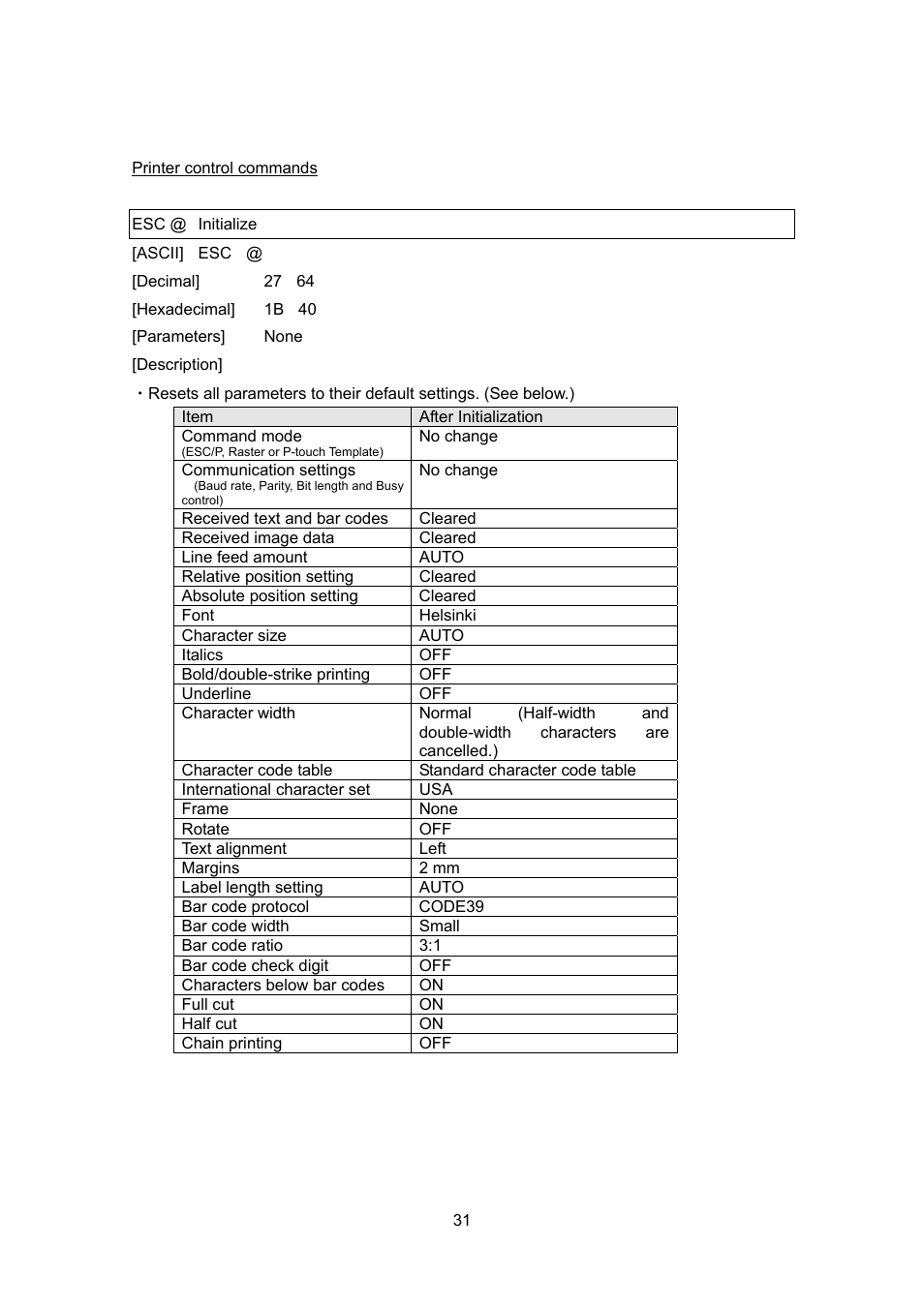 Printer control commands, Esc @ initialize | Brother PT-9700PC User Manual | Page 31 / 75