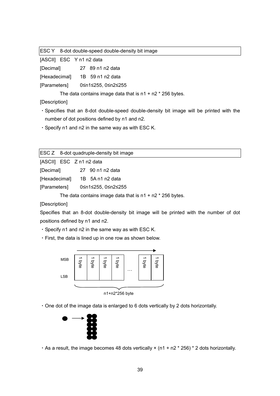 Esc y 8-dot double-speed double-density bit image, Esc z 8-dot quadruple-density bit image | Brother PT-9700PC User Manual | Page 39 / 75