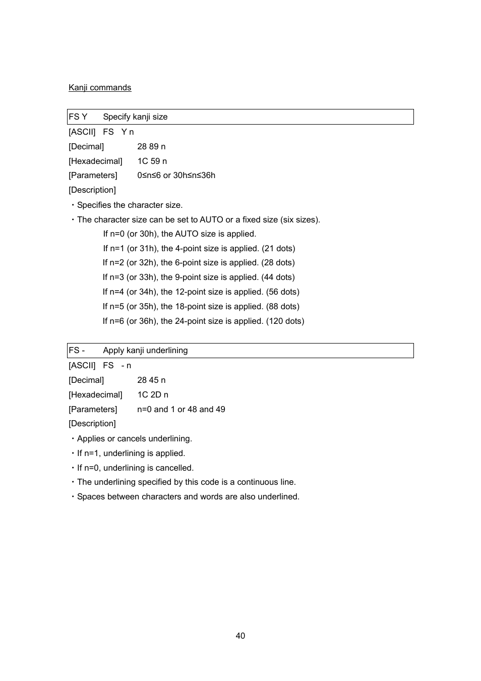 Kanji commands, Fs y specify kanji size, Fs - apply kanji underlining | Fs y, Specify kanji size | Brother PT-9700PC User Manual | Page 40 / 75