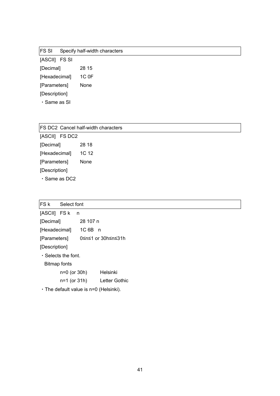 Fs si specify half-width characters, Fs dc2 cancel half-width characters, Fs k select font | Fs si, Specify half-width characters, Fs k, Select font | Brother PT-9700PC User Manual | Page 41 / 75