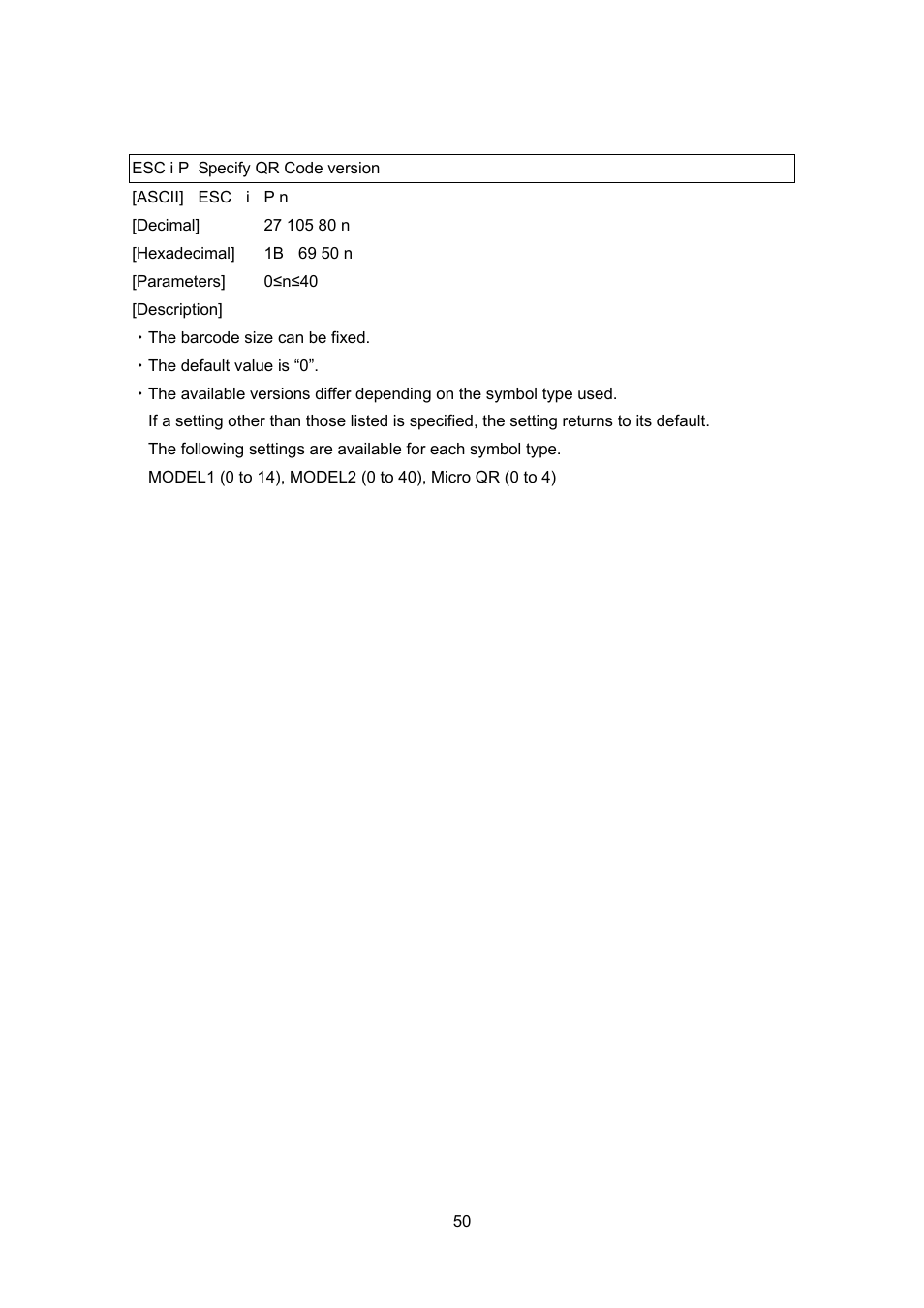 Esc i p specify qr code version | Brother PT-9700PC User Manual | Page 50 / 75