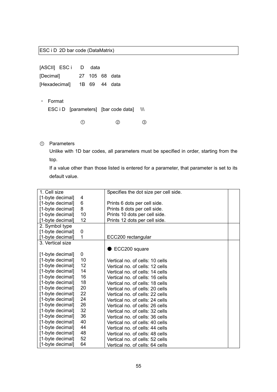 Esc i d 2d bar code (datamatrix) | Brother PT-9700PC User Manual | Page 55 / 75