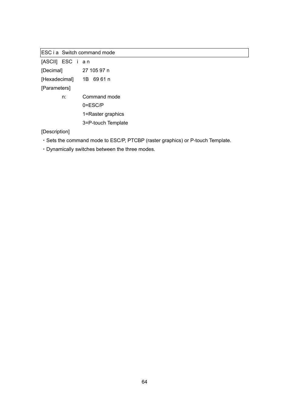 Esc i a switch command mode | Brother PT-9700PC User Manual | Page 64 / 75