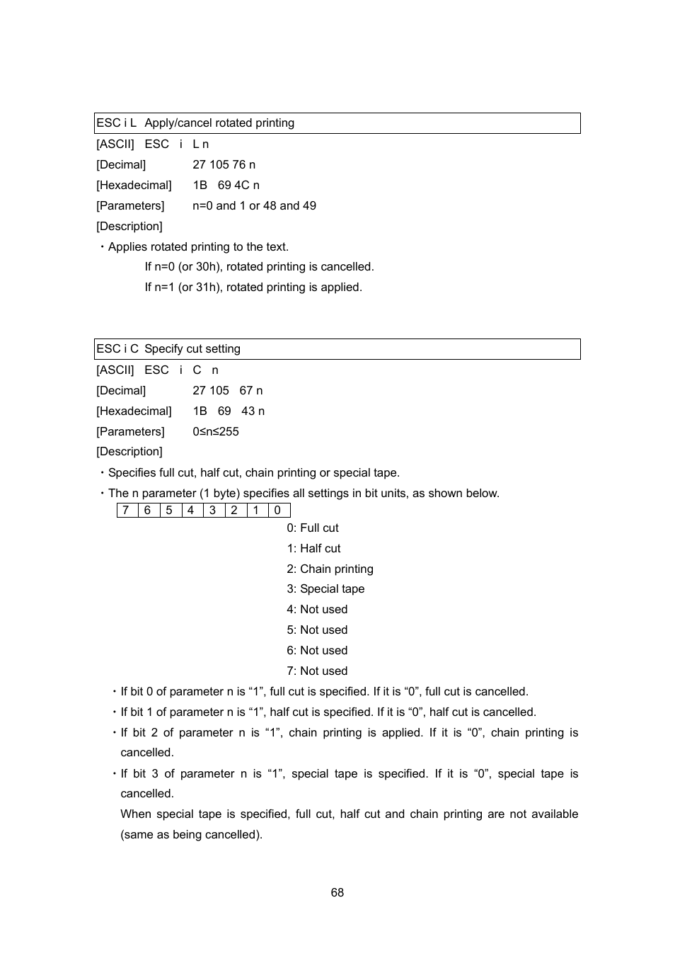 Esc i l apply/cancel rotated printing, Esc i c specify cut setting | Brother PT-9700PC User Manual | Page 68 / 75