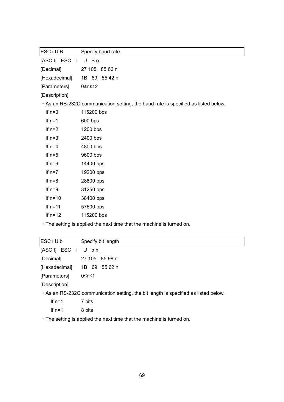 Esc i u b specify baud rate, Esc i u b specify bit length | Brother PT-9700PC User Manual | Page 69 / 75