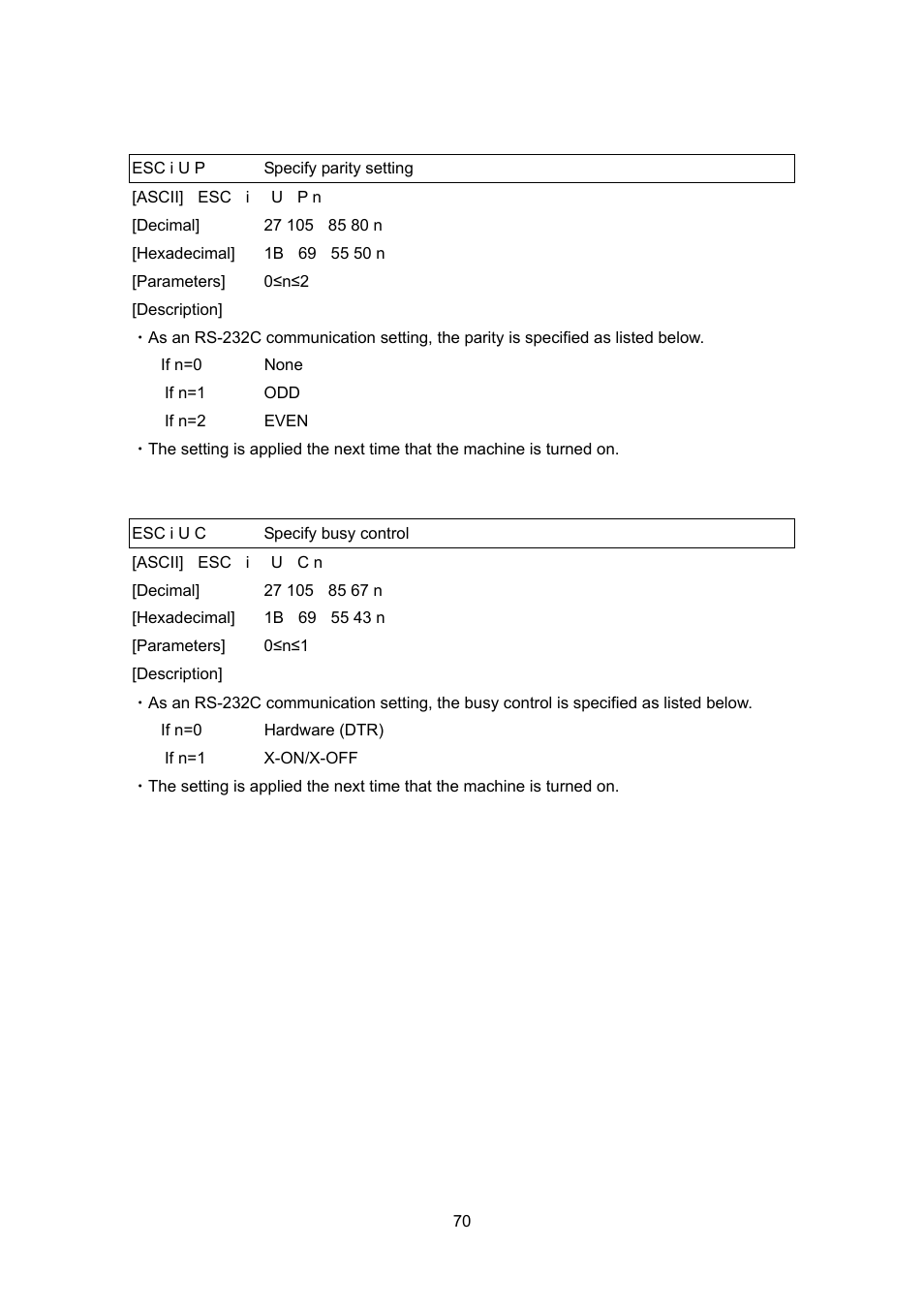 Esc i u p specify parity setting, Esc i u c specify busy control | Brother PT-9700PC User Manual | Page 70 / 75