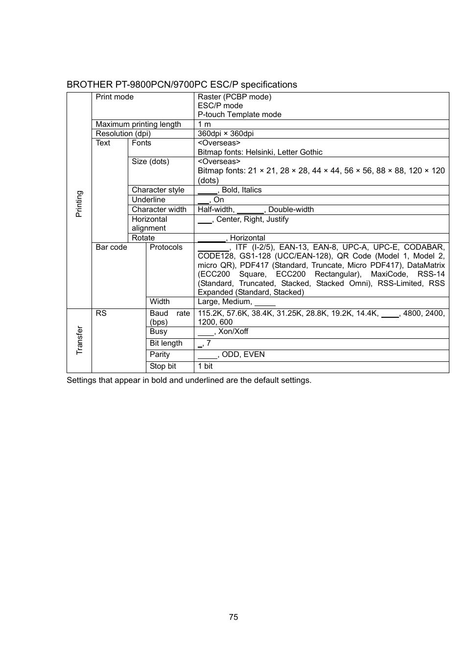 Brother pt-9800pcn/9700pc esc/p specifications | Brother PT-9700PC User Manual | Page 75 / 75