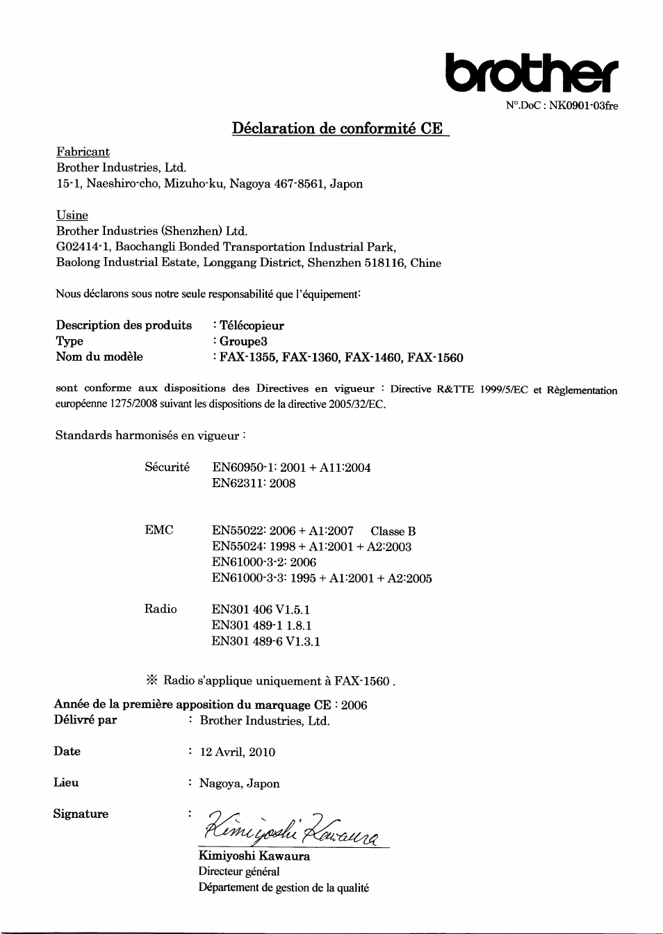 Déclaration de conformité ce, Brother | Brother FAX-1560 User Manual | Page 2 / 7