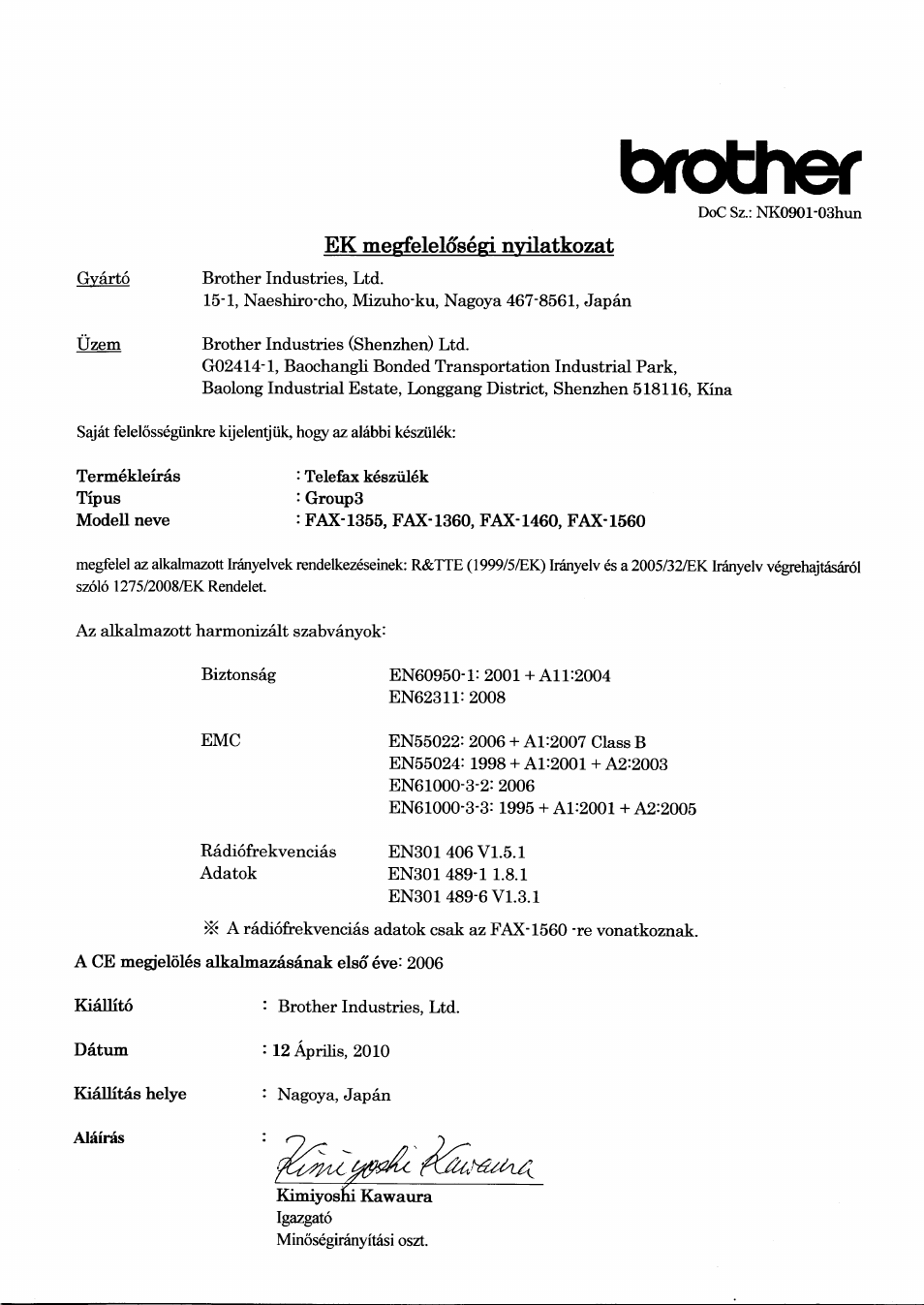 Ek megfelelosegi nvilatkozat, Brother | Brother FAX-1560 User Manual | Page 3 / 7