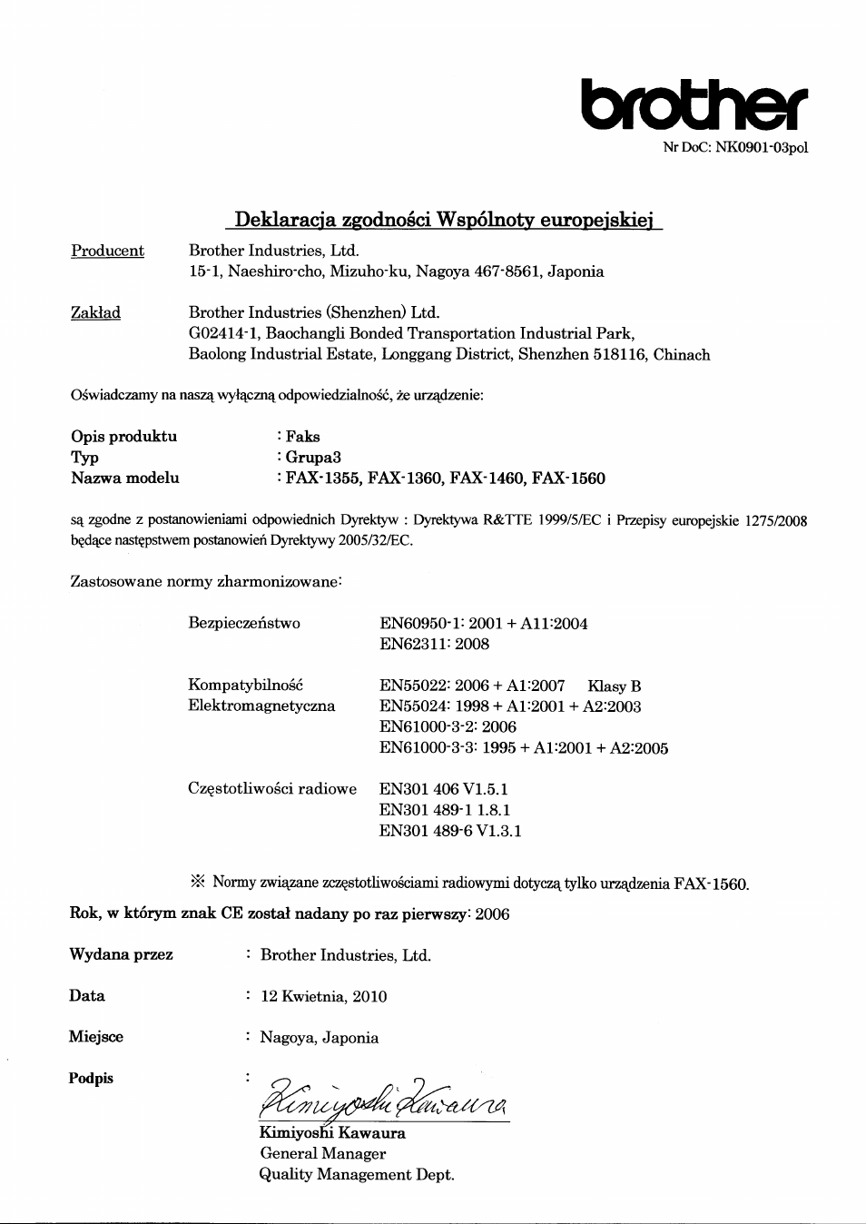 Deklaracia zgodnosci wspolnotv europeiskiei, Brother | Brother FAX-1560 User Manual | Page 4 / 7