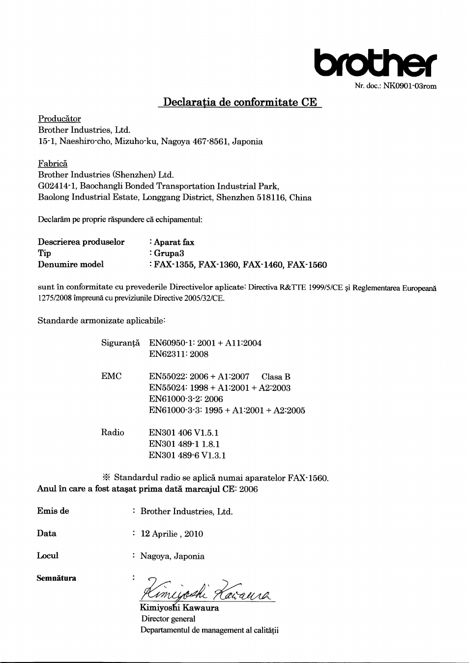 Brother, Declaratia de conformitate ce, Semnatura | Brother FAX-1560 User Manual | Page 6 / 7