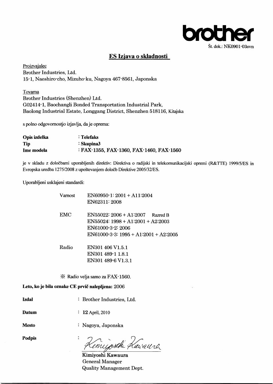 Es iziava o skladnosti, Telefaks, Skupinas | Brother | Brother FAX-1560 User Manual | Page 7 / 7