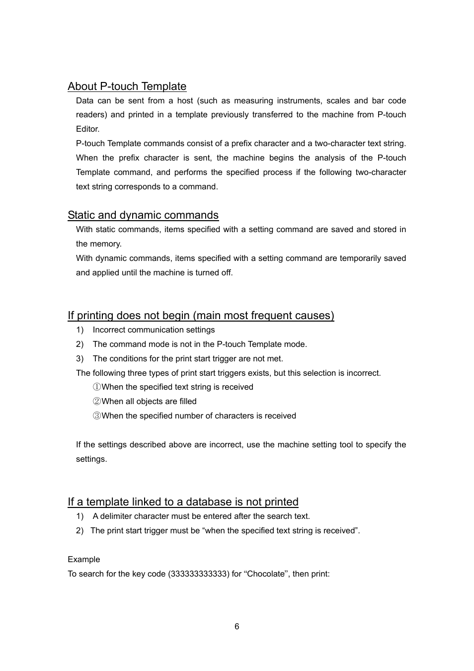 About p-touch template, Static and dynamic commands, If a template linked to a database is not printed | Brother TD-4100N User Manual | Page 26 / 88