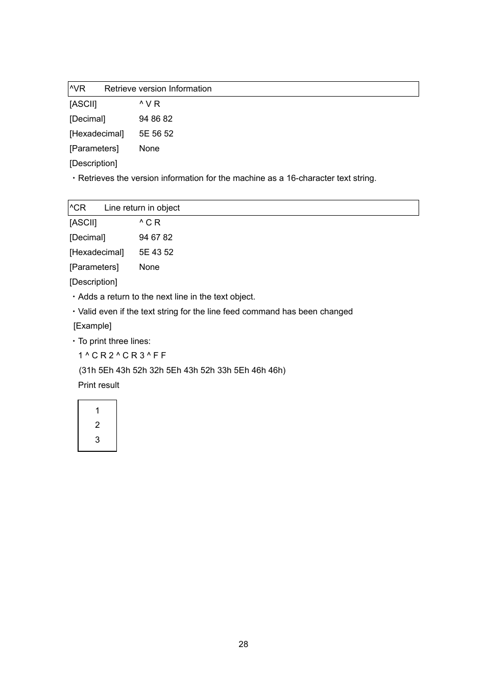 Vr retrieve version information, Cr line return in object, Retrieve version information | Line return in object | Brother TD-4100N User Manual | Page 48 / 88