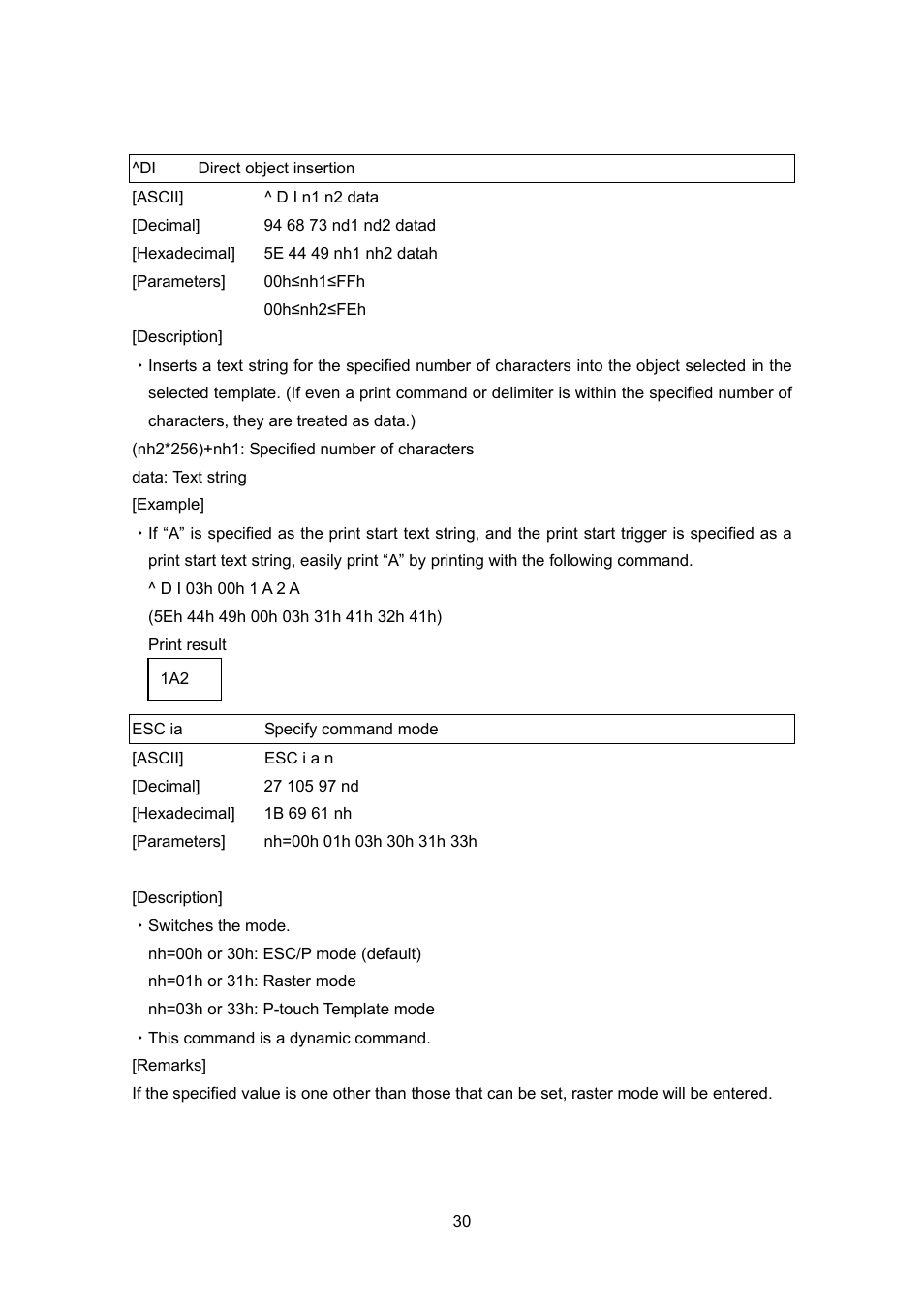 Di direct object insertion, Esc ia specify command mode, Direct object insertion | Esc ia, Specify command mode | Brother TD-4100N User Manual | Page 50 / 88