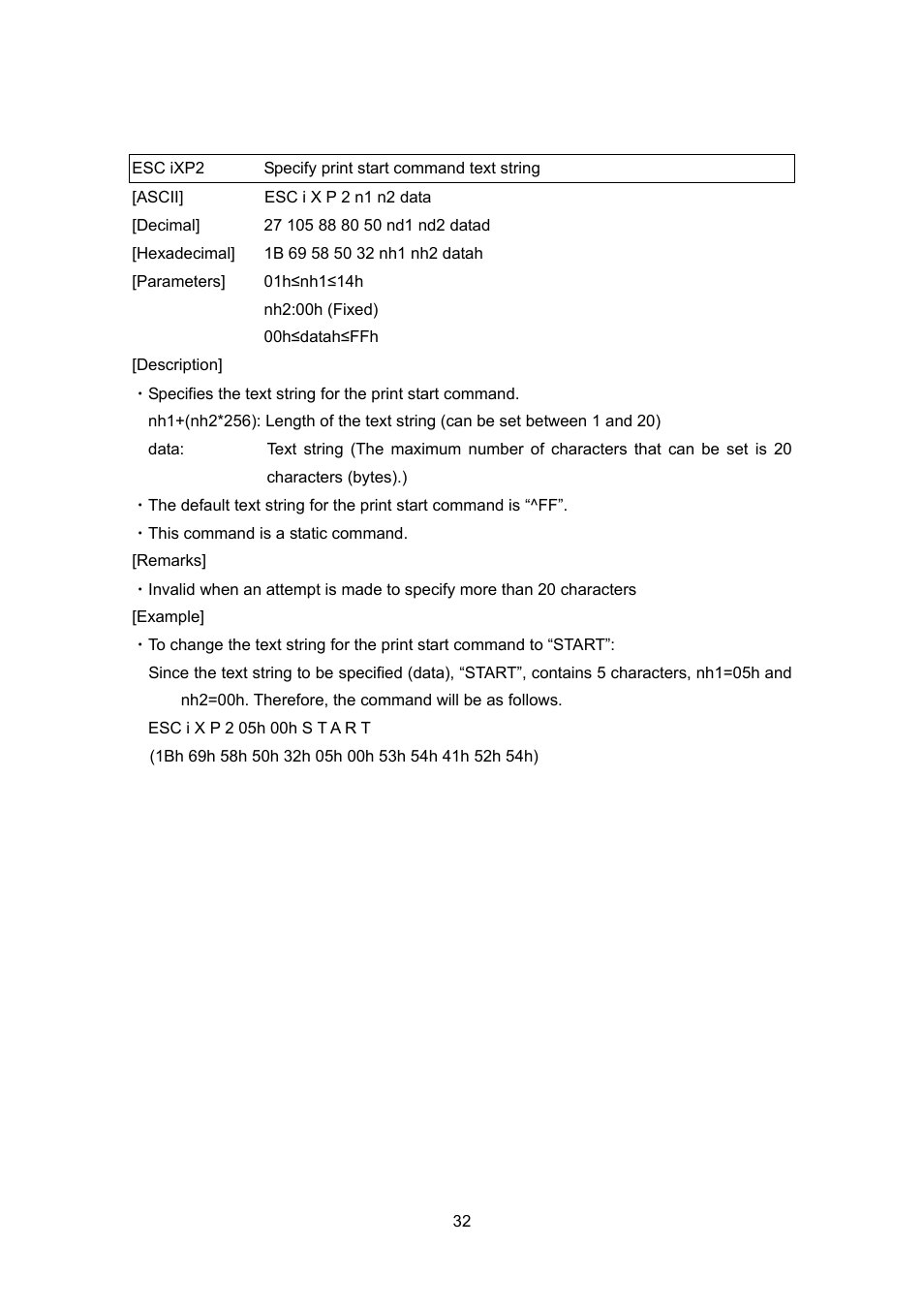 Esc ixp2 specify print start command text string, Esc ixp2, Specify print start command text string | Brother TD-4100N User Manual | Page 52 / 88