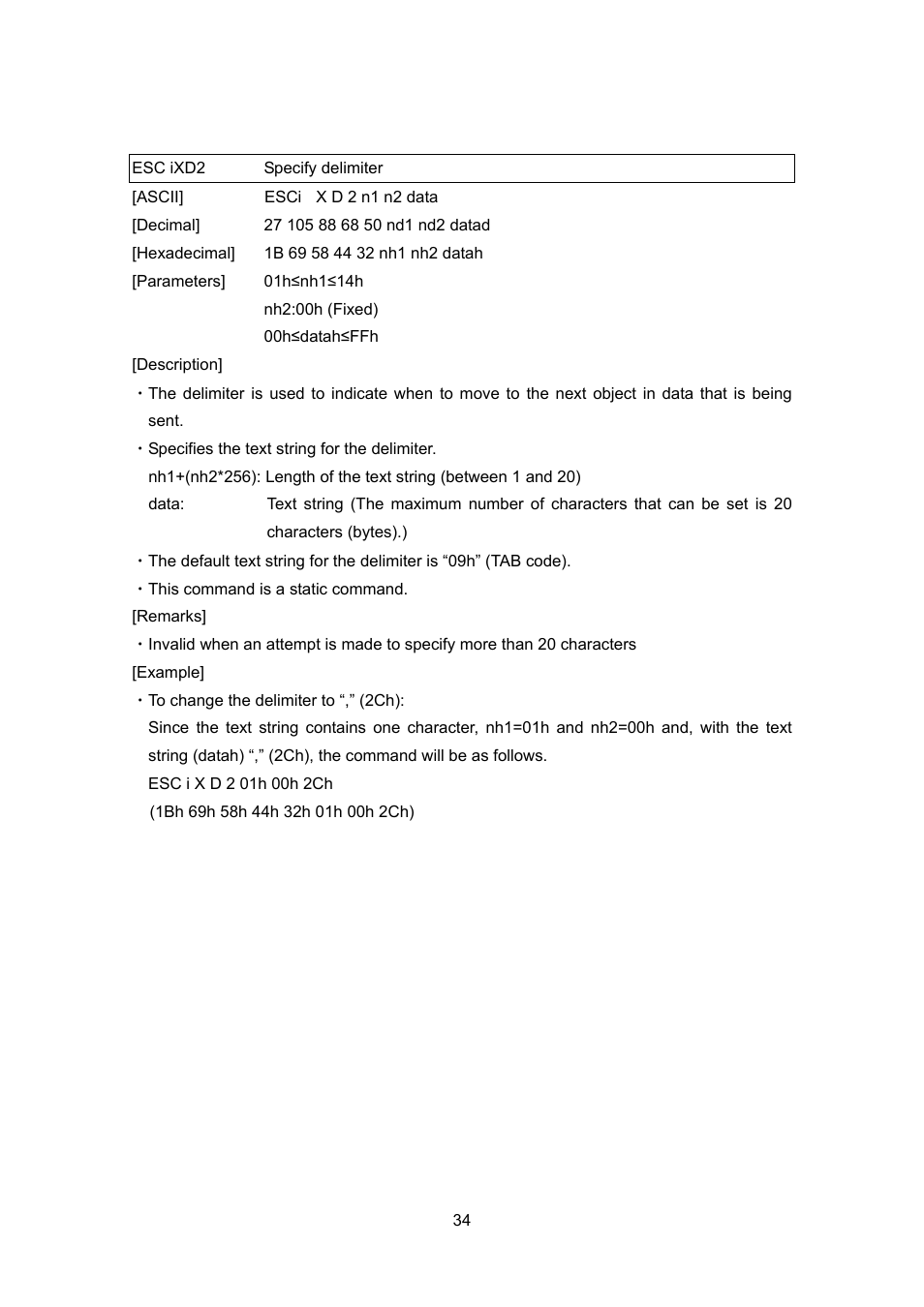Esc ixd2 specify delimiter, Esc ixd2, Specify delimiter | Brother TD-4100N User Manual | Page 54 / 88