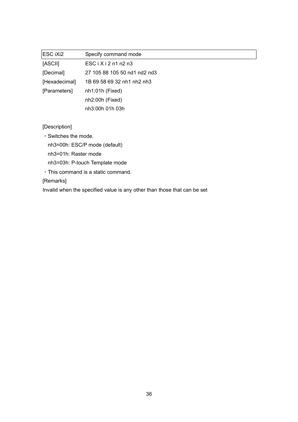 Esc ixi2 specify command mode, Esc ixi2, Specify command mode | Brother TD-4100N User Manual | Page 56 / 88