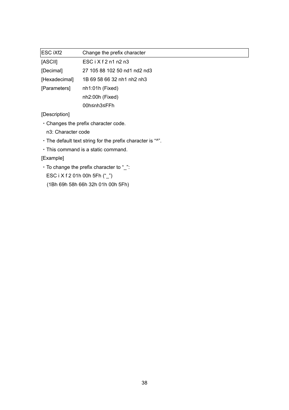 Esc ixf2 change the prefix character, Esc ixf2, Change the prefix character | Brother TD-4100N User Manual | Page 58 / 88