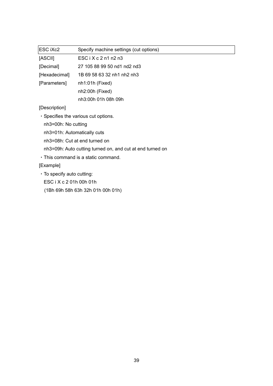 Esc ixc2 specify machine settings (cut options), Esc ixc2, Specify machine settings (cut options) | Brother TD-4100N User Manual | Page 59 / 88