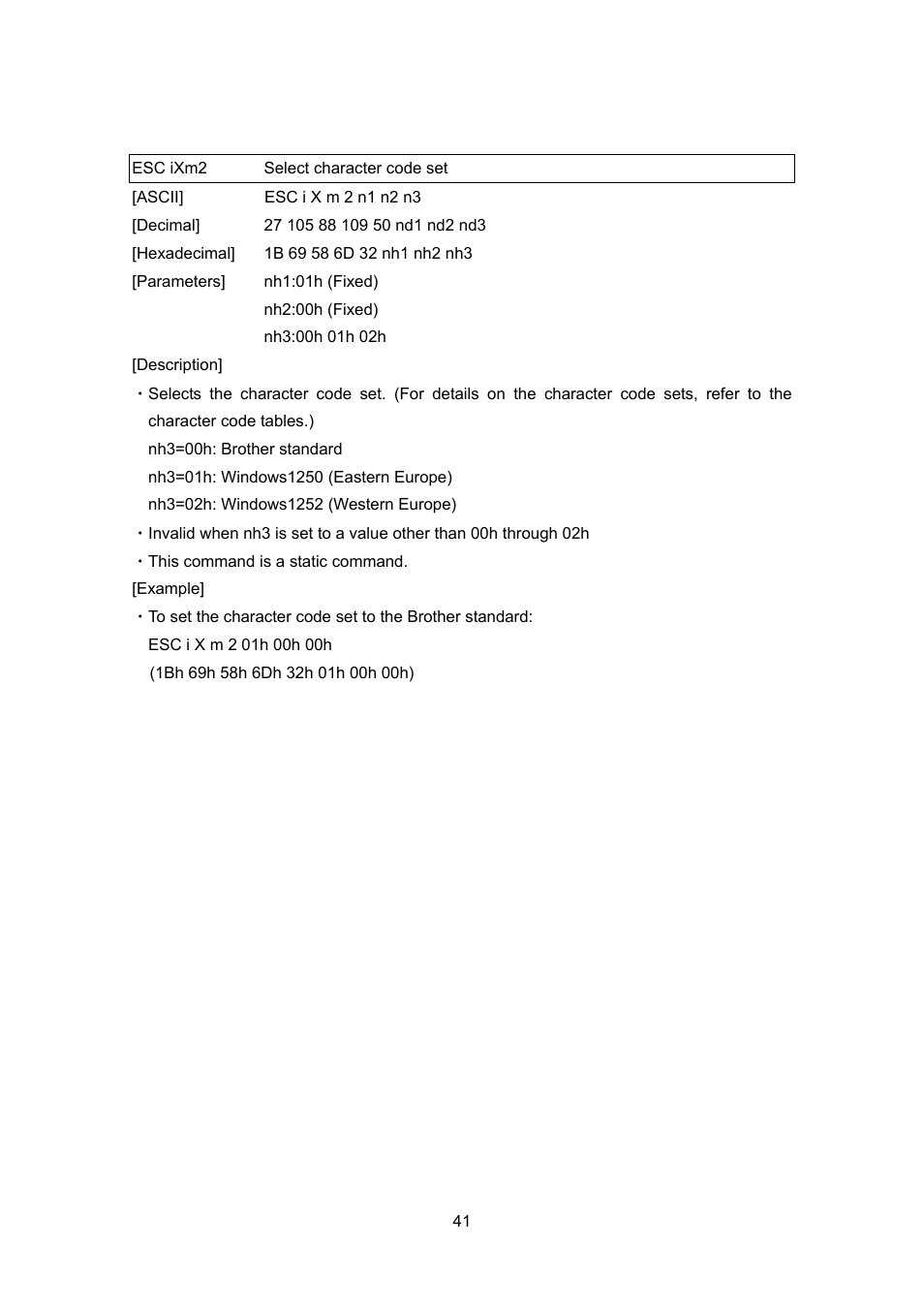 Esc ixm2 select character code set, Esc ixm2, Select character code set | Brother TD-4100N User Manual | Page 61 / 88